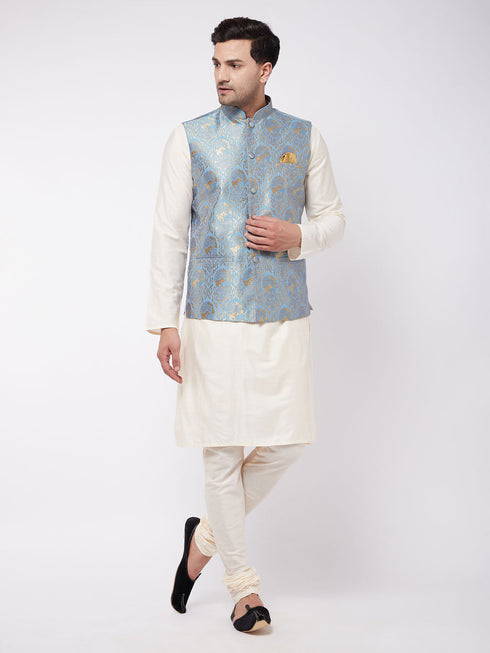 Vastramay Men's Viscose Cream Kurta And Pyjama With Grey Woven Nehru Jacket